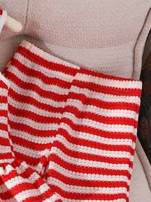 2pcs Girls Outfit,Sleeveless Striped Plaid Vest,Matching Loose Straight Leg Pants,Bow Decor Criss-Cross Straps,Summer,Family Matching,Casual Outings - Red and White - View 4