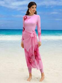 Swim Mulvari Spring/Summer New Women Vacation Beach Floral Print Long Sleeve Top, Pants And Mesh Skirt 3-Piece Set - Pink - View 6
