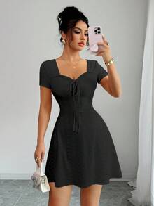 Elenzga 夏季新款针织提花性感修身蝴蝶结腰短款连衣裙，奶油黄色 - 黑色 - 查看 5