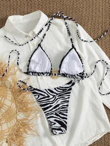 Swim SXY Summer Vacation Sexy Zebra Print Gold Accessory Halter Backless Bikini Set - Black and White - View 4