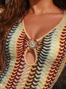 Swim Chiccia Áo khoác ngoài gợi cảm thời trang dành cho nữ, chất liệu vải lưới dệt họa tiết, trang trí kim loại phía trước, mỏng nhẹ, thích hợp cho mùa xuân/hè. - Nhiều màu - Xem 5