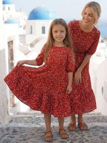 Emery Rose Kids Emery Rose Kids Young Girl Ditsy Floral Round Neck Puff Sleeve Casual Dress,Kids - Red - View 3