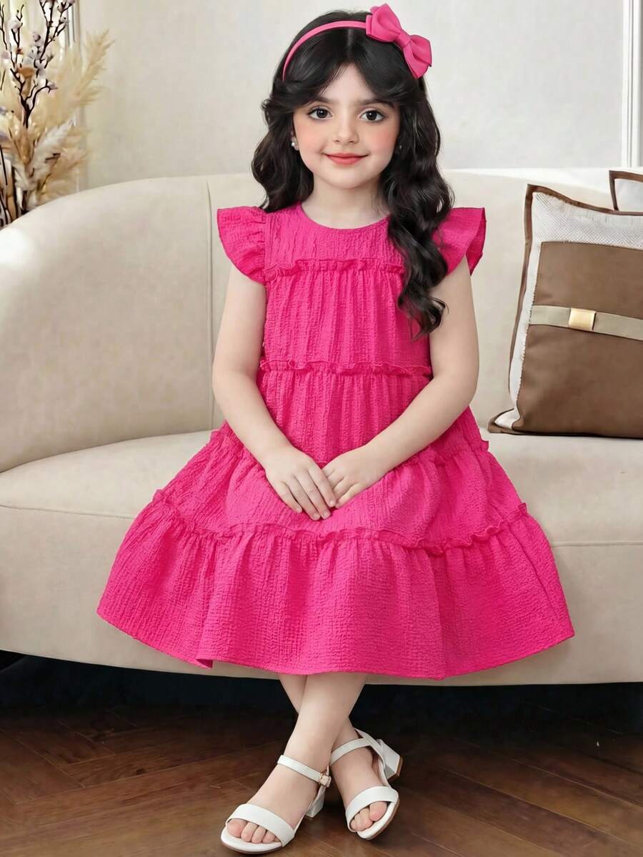SHEIN Young Girl Woven Solid Color Round Neck Ruffle Hem Fitted Dress - Hot Pink - View 1