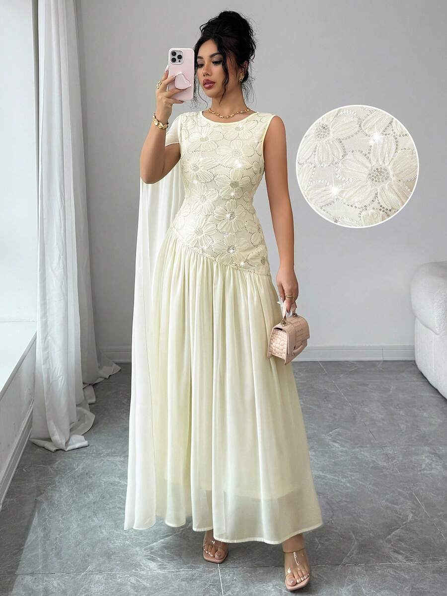 Elenzga Đầm nữ cổ tròn đính sequin phối nhiều lớp, kiểu dáng thanh lịch. - Màu be - Xem 1