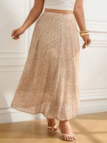 Femmeverse 闪亮亮片A字迷你裙，高腰弹力修身波浪亮片裙摆女裙，夏季 - 杏色 - 查看 6