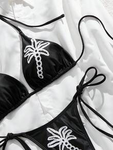 Swim Vcay 女士夏季沙滩度假露背印花三角比基尼泳裤，侧边系带 - 黑與白 - 查看 8