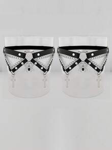 ROMWE 2pcs Women's Black Crystal Spider Accessory Chain Decor Gothic Leg Garter Shorts, Versatile For Halloween & Daily Wear - Black Cat Head Spider Cross Leg Ring - View 5