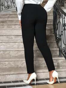 SHEIN Lady 秋冬优雅黑色针织长开叉串珠大码打底裤职业装女装高腰打底裤 - 黑色 - 查看 3