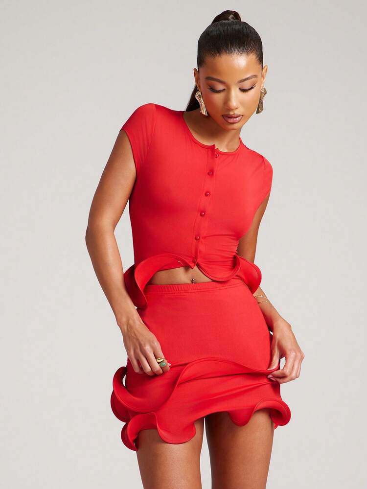 Matching Set Top And Skirt Mini Length Short Sleeve Button Front Wire Hem Baby Shower Special Event Date Night Everyday Casual Brunch Spring Summer Red Outfits For Women - Red - View 5