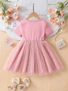 Emery Rose Kids Emery Rose Kids Young Girl Rainbow Unicorn Pattern Ruffle Trim Mesh Knit Dress Girls Glitter Pink Short Sleeve Kids For Toddler Party Dresses Casual Princess Sequin - Pink - View 2