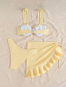 Zestiva 3件套女士纯色加粗肩带前中心太阳装饰可调节后背向日葵侧裙泳装套装 - 黃色 - 查看 4