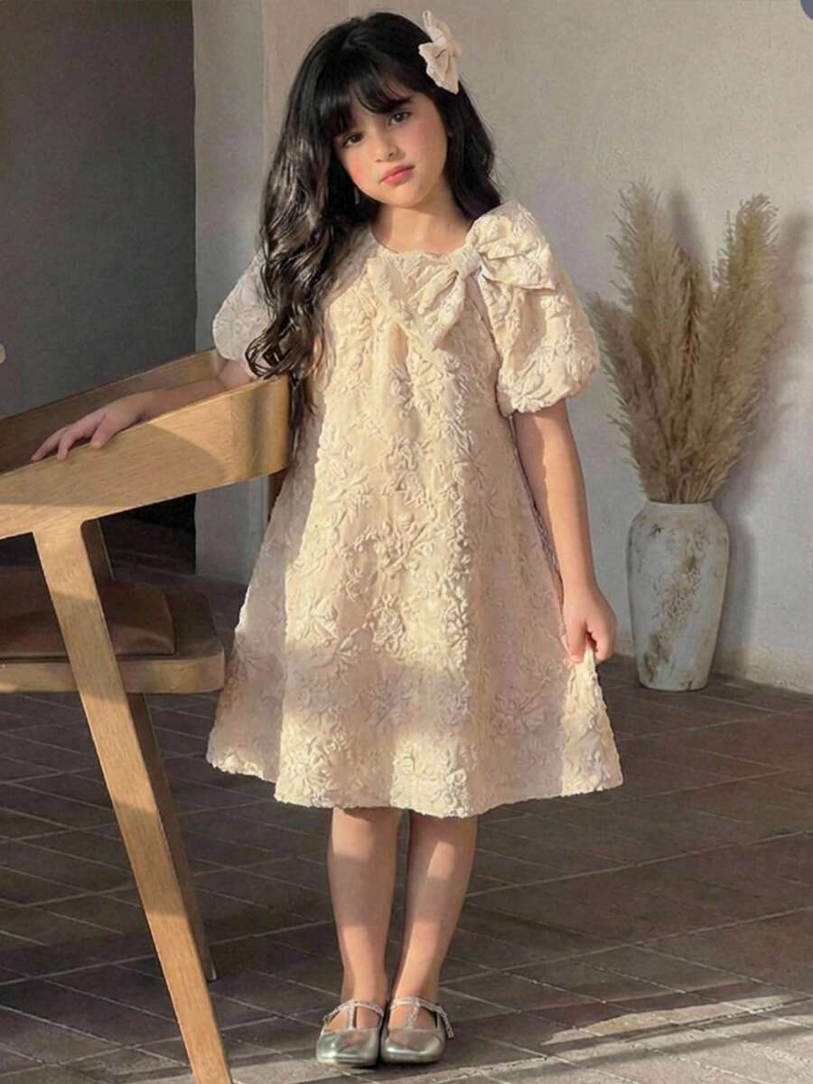 SHEIN Đầm dệt màu trơn cổ tròn trang trí nơ cho bé gái - Hồng - Xem 1