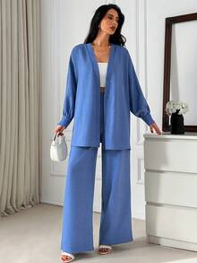 EURMUSE Conjunto de top envolvente con cinturón y pantalones de pierna ancha - Elegante conjunto de dos piezas de manga larga de tela vaquera suelta - Azul - Ver 4
