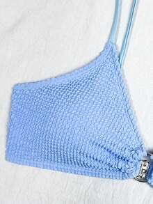 Swim Basics New Summer Crinkle Fabric Spaghetti Strap Round Ring Splice Swimwear Top - Baby Blue - View 4