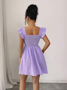 Elenzga Y2K美国独立日新季法式方领盖袖收腰夏季高端纹理花卉A字甜美迷你优雅办公室连衣裙，奶油黄色 - 淡紫色 - 查看 3