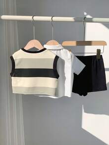 SHEIN 男婴夏季学院风可爱条纹拼接背心、白色衬衫、短裤三件套，适合生日派对、锐舞派对、晚宴、演出、婚礼、迎婴派对、洗礼、周岁生日庆祝、婚礼宾客等场合。 - 彩色 - 查看 2