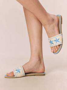 Styleloop Giày sandal đế xuồng dây thừng đan cho nữ, kiểu dáng nghỉ dưỡng BOHO Chic Retro American Western, thích hợp cho các lễ hội âm nhạc và tiệc tùng. - Hoa xanh - Xem 5