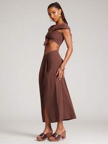 NYA SZN Setelan Serasi Atasan & Rok Lengan Pendek Model Crop dengan Syal Berbahan Linen, Pakaian Sehari-hari Musim Panas untuk Wanita - Coklat - View 5