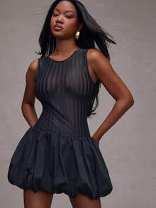 NYA SZN Black Summer 70s Club Party Dress For Women, See Through Mesh Stripe Mini Length Balloon Elegant Luxury Festival Wedding Guest Formal Prom Oufits - Black - View 5