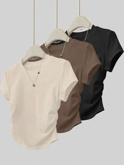 Resyla Set de 3 blusas de verano para mujer de uso casual, en color albaricoque, caqui y negro, de corte ajustado