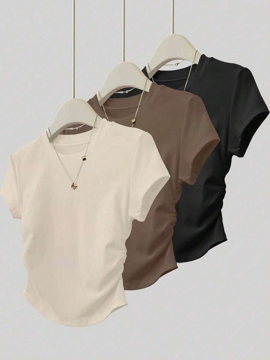 Resyla 3件套女士夏季户外休闲上衣，杏色、卡其色、黑色修身T恤 - 彩色 - 查看 1