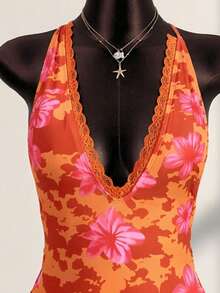 Swim Vcay 女士印花露背挂脖连体泳衣，度假沙滩装 - 彩色 - 查看 8