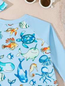 SHEIN Baby BoyLong Sleeve Swimsuit Set With Swim Cap, One-Piece Swimwear For Swimming, Beach, Pool, Water Play Baby Boy Swimsuit With Hat Baby Beach Wear Baby Boy Beach Essentials Baby Swimwear Baby Rash Guard With Hat Upf Baby Swimsuit Baby Boy Swim Rashguards Baby Beach Gear - Multicolor - View 6