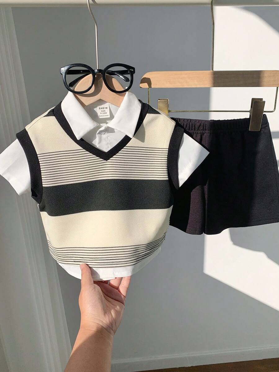 SHEIN 男婴夏季学院风可爱条纹拼接背心、白色衬衫、短裤三件套，适合生日派对、锐舞派对、晚宴、演出、婚礼、迎婴派对、洗礼、周岁生日庆祝、婚礼宾客等场合。 - 彩色 - 查看 1