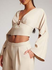 NYA SZN 配套套装：V领长袖上衣配阔腿裤 - 卡其色 - 查看 6