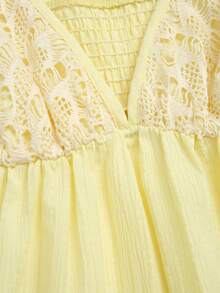 GlowEve Women's Vacation Sleeveless Lace Patchwork Strap Mini Dress, Casual Summer,Textured Fabric - Light Yellow - View 3