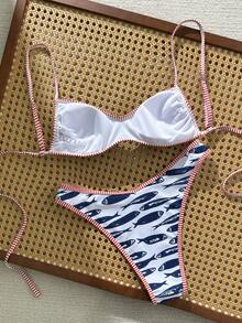 Swim Mod Bộ bikini hai mảnh in hình cá dễ thương dành cho nữ, gồm áo hai dây và bikini tam giác, thích hợp cho mùa hè. - Nhiều màu - Xem 2