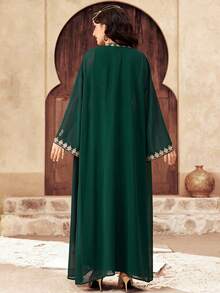 SHEIN Váy Cardigan dài không tay dệt kim chắp vá màu xanh ô liu dành cho thiếu nữ Ramadan, cổ áo bằng ruy băng vàng, bộ 2 món thường ngày - Màu xanh lá cây đậm - Xem 3