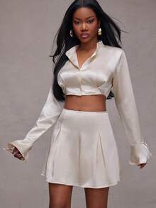 NYA SZN 露脐亮片上衣和半裙套装 - 杏色 - 查看 1