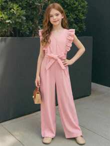 SHEIN 女童V领荷叶边休闲连体裤 - 淡紫色 - 查看 4