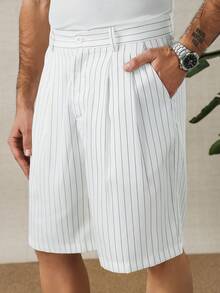 HUEFORM 男士条纹系带直筒褶裥休闲短裤 - 白色 - 查看 4