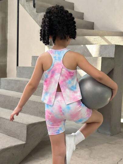 SHEIN Young Girl Tie-Dye Lilac Camisole And Shorts Sports Suit Girls Tie Dye Set Two Piece Set Girls Two Piece Set Kids Activewear Sets Toddler Two Piece Set,Kids