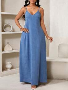 SHEIN Lady Đầm dự tiệc mùa xuân hè dáng dài màu xanh giả denim, dây mảnh, kiểu yếm, cỡ lớn, kẻ caro, kiểu châu Phi, đầm mùa hè cho nữ. - Màu xanh lam - Xem 2