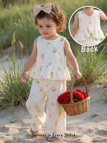 Cozy Pixies Conjunto de 2 piezas de top sin mangas con volantes y estampado floral y pantalones de cintura elástica para bebé niña - Ropa de playa bohemia para bebé niña - Ropa de resort para bebé niña - Conjunto de verano para niña pequeña con diseño de colibrí - Albaricoque - Ver 4