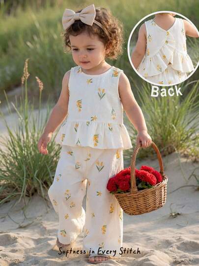 Cozy Pixies Baby Girl Floral Print Ruffle Trim Sleeveless Top And Elastic Waist Pants 2 Piece Set