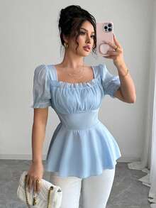 Elenzga Áo cánh tay bồng nhún eo thanh lịch mùa hè xanh cổ vuông cao cấp sang trọng cao cấp của Pháp 2025 - Màu xanh nhạt - Xem 5