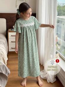 SHEIN Tween Girls' Loose & Cute Ditsy Floral Round Neck Pullover Loungewear - Mint Green - View 1