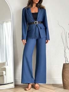 EURMUSE 女士两件套系带西装外套和阔腿裤套装，仿牛仔面料 - 寶藍色 - 查看 5