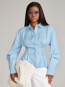 NYA SZN Top Long Sleeve Collared Balloon Sleeve Lace Up Front Corset Details Sexy Easter St. Patricks Day Brunch Casual Everyday Going Out Party Special Occasion Travel Vacation Office Siren Western Country Date Night Elegant Luxury Outfits For Women - Blue - View 1