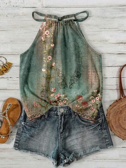 SHEIN LUNE 波西米亚风浅绿色印花露背吊带背心 - 夏季度假上衣，适合海滩、邮轮、音乐节、演唱会、婚礼宾客、城市旅行、海岛度假及乡村音乐活动