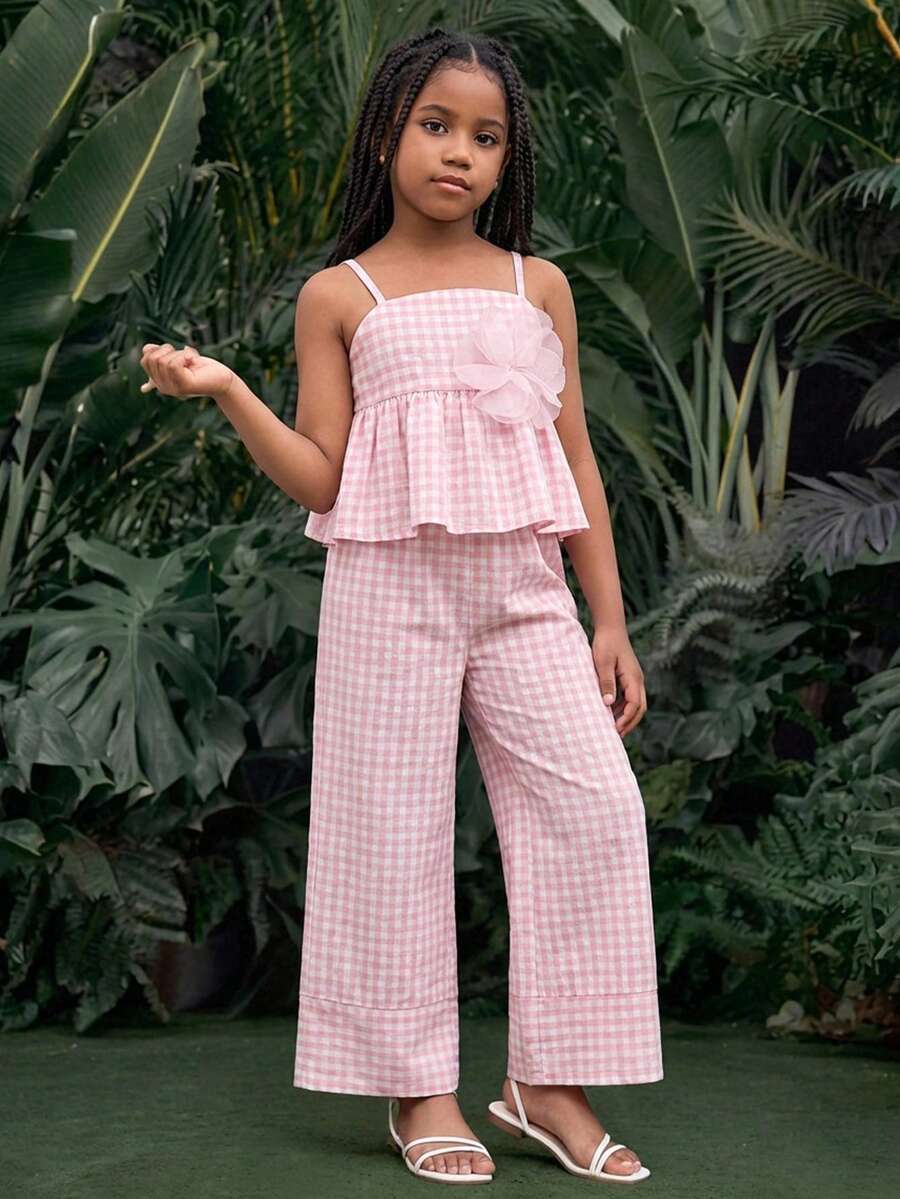 SHEIN 2件組青少年女孩編織格紋細肩帶上衣與寬腿褲套裝,粉色與白色格紋飄逸休閒套裝,Y2K夏季度假假期休閒裝 - 粉色 - 查看 1