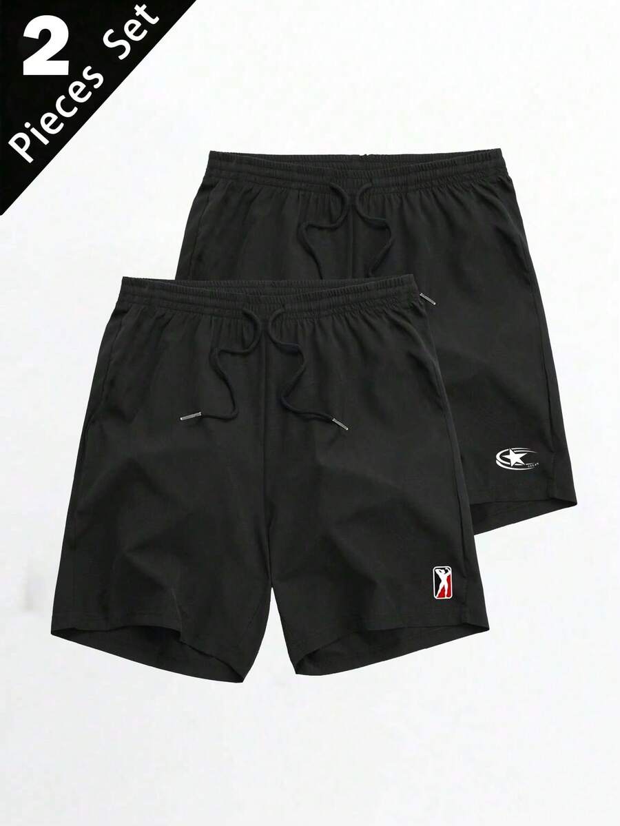 Coreblaze Pantalones cortos deportivos de moda con estampado gráfico y cintura con cordón para hombre - Negro - Ver 1