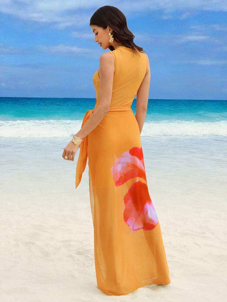 SHEIN Swim Shayni Women's 2-Piece Floral Print Sleeveless Zipper Tankini Top And Shorts Swimwear With Sarong Skirt, Suitable For Spring/Summer Beach, Cruise And Vacation - Orange - View 2