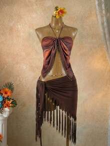 SaltGleam SaltGleam Women's Summer Boho Vacation Shades Of Brown Halter Backless Tasseled Crop Top,Tie Neck Bohemian Tassel Beachwear For Music Festivals - Brown - View 3