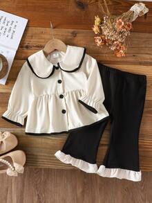 SHEIN Baby Girls Peter Pan Collar Long Sleeve Ruffle Outfit Set Fall Winter - Multicolor - View 3