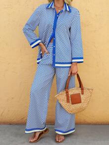 Vaclyn 女士度假休闲格子衬衫和裤子两件套 - 杏色 - 查看 1